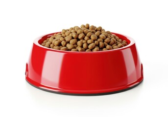 Red pet food bowl overflowing with dry kibble for dogs or cats