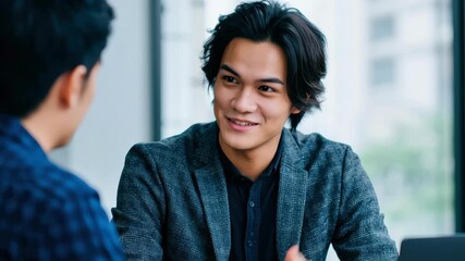 Business meeting modern office with young man smile, professional conversation between people shows teamwork, confident engaged discussion natural light, candid moment collaborative workspace - Powered by Adobe