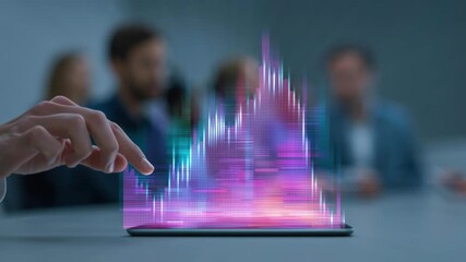 Holographic chart digital tablet during business meeting with finger touch and neon glow, data visualization futuristic interface against blurred background, analytics and technology trend insight - Powered by Adobe