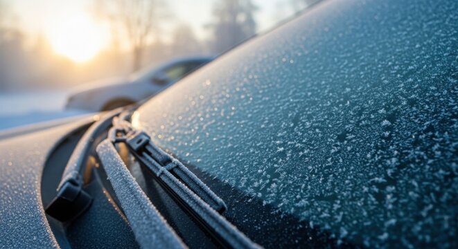Frost-covered car windshield and wipers on a cold winter morning at sunrise
