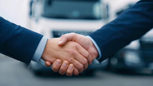 Two people handshake business partnership agreement success trust deal contract negotiation outdoor logistics transport background, confident cooperation front of truck fleet near warehouse loading