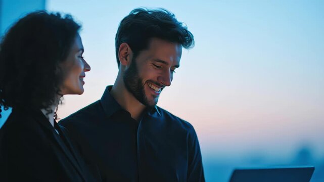 Professional teamwork modern office business meeting with laptop and coworker collaboration evening light, focused colleagues review data and plan success during twilight with calm, goal driven