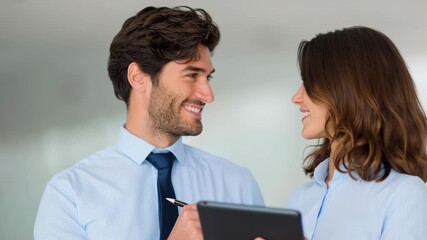 Business teamwork collaboration office professional two people meeting tablet smiling confident scene shows coworkers modern office using digital tablet for planning and review, two people business - Powered by Adobe