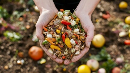 Hands holding vibrant vegetable scraps over compost soil, symbolizing sustainable living.