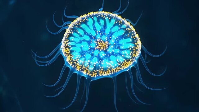 A mesmerizing, bioluminescent-like organism gracefully floats in the mysterious dark blue depths. Its vibrant circular body radiates an ethereal glow, showcasing intricate patterns of bright turquoise
