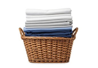 Freshly folded clean laundry stack in a natural wicker basket