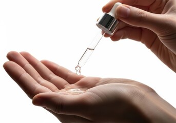 Skincare liquid serum dropping onto a palm for hydration care