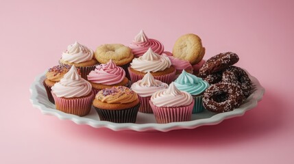 Assorted cupcakes and cookies on a white platter against a pastel pink background.