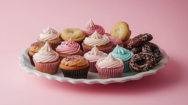 Assorted cupcakes and cookies on a white platter against a pastel pink background.