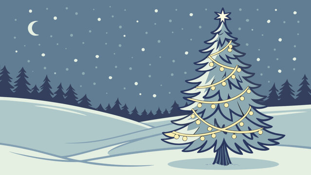 Decorated christmas tree in snowy winter night with falling snow