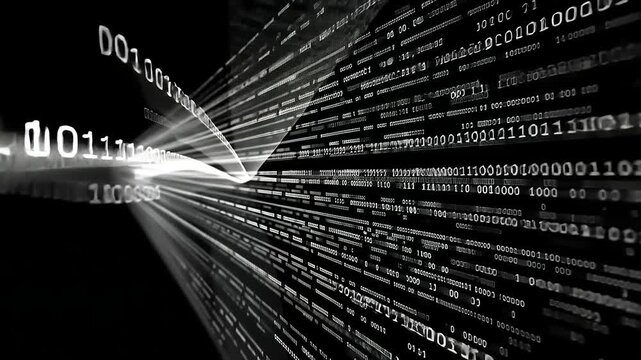 Abstract representation of binary code flowing in a digital stream, illustrating technology and data processing - Powered by Adobe