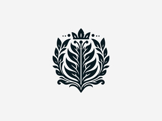 Sophisticated plant crest black vector logo with detailed botanical elements and heraldic frame for organic brand identity
