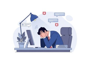 Overwhelmed businessman hides face from digital notifications