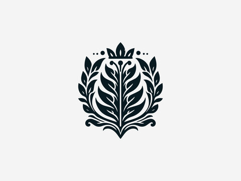 Sophisticated plant crest black vector logo with detailed botanical elements and heraldic frame for organic brand identity