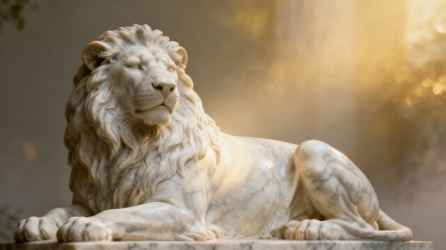 Majestic Marble Sculpture of a Roaring Lion Resting, Backlit by Warm Golden Sunlight, Symbolizing Strength, Nobility, and Classical Art.