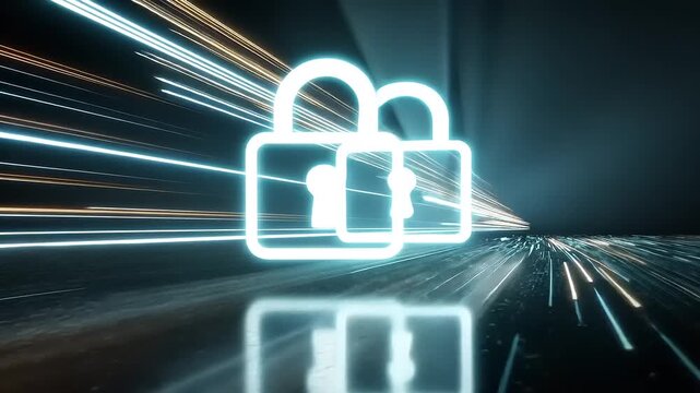 Futuristic digital locks with glowing outlines on a reflective surface amidst dynamic light trails