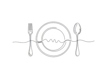 Minimalist continuous line drawing of cutlery and plate for dinner