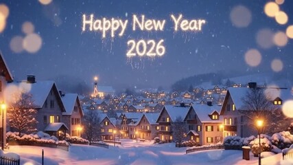 Happy new year 2026 snow village vibe with fireworks for celebrate