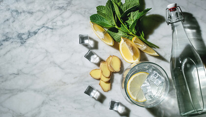 Refreshing Lemon Ginger and Mint Water Ingredients on White Marble with Copy Space