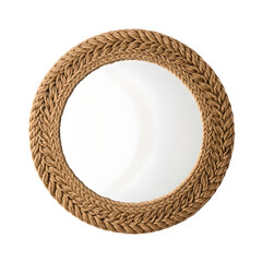 Round braided rope mirror isolated on transparent PNG background, natural jute fiber frame, coastal rustic wall decor element for home interior design and boho styling