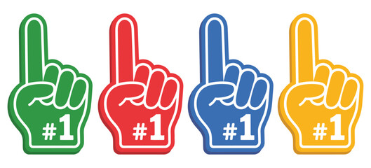 Obraz premium Foam Hand Fan Glove Vector – Number One Finger, Hashtag 1 Support Sign, Colorful Sports Cheering Icons, Team Spirit Symbols Isolated on White Background