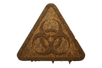 Rusty biohazard warning sign on transparent background symbolizing danger, apocalypse, and post-human world