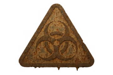 Rusty biohazard warning sign on transparent background symbolizing danger, apocalypse, and post-human world