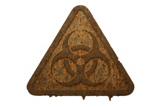 Rusty biohazard warning sign on transparent background symbolizing danger, apocalypse, and post-human world