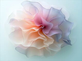 An abstract, ethereal form resembling a flower with layered, translucent petals in shades of pink, peach, and blue. The delicate structure is highlighted by sof