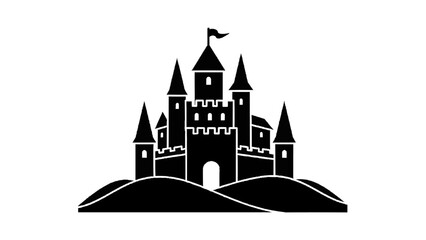 Vector illustration&nbsp;of black silhouette of a fairytale castle with multiple towers and a flag isolated on transparent background 