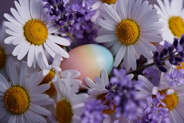 Pastel Easter egg nestled among vibrant daisies and lavender blooms brings a fresh spring feeling, perfect for seasonal greetings and celebrations