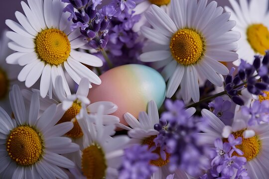 Pastel Easter egg nestled among vibrant daisies and lavender blooms brings a fresh spring feeling, perfect for seasonal greetings and celebrations - Powered by Adobe
