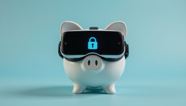 Virtual piggy bank wearing VR goggles symbolizes financial security and tech innovation. - Powered by Adobe