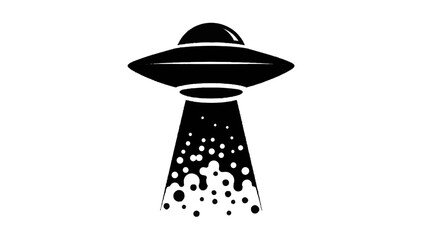 Vector illustration&nbsp;of black and white graphic icon of a flying saucer ufo abducting something with a beam of light isolated on transparent background 