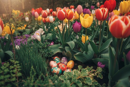 Delightful spring blooms and vibrant painted Easter eggs create a charming garden scene filled with joyful holiday spirit and springtime freshness - Powered by Adobe