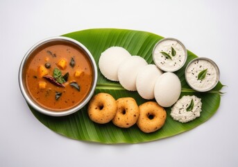 Delicious south indian breakfast: idli, vada, sambar, chutney