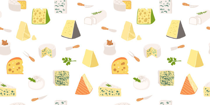 Cheese seamless pattern cartoon illustration. Brie, Camembert Swiss cheese with holes Parmesan trendy boundless background. Vector endless design paper print, fabric textile, wrapper backdrop template