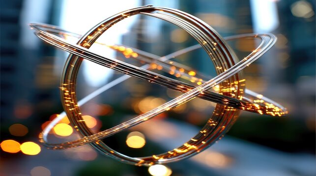 A close-up, abstract view of a metallic geometric structure with intertwined rings and embedded glowing orange lights. The background is a blurred cityscape wit