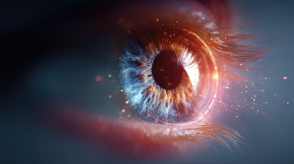 Macro view of a human eye with futuristic digital overlay and glowing particles representing vision data and advanced technology