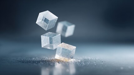 Four translucent cubic forms with internal sparkle suspended above a surface dusted with shimmering particles on a dark blurred background