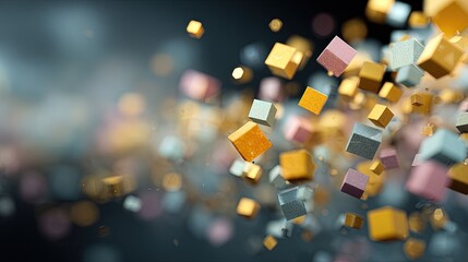 Abstract composition of iridescent cubes floating and scattering in a dark bokeh filled atmosphere with soft lighting highlighting metallic textures and pastel hues