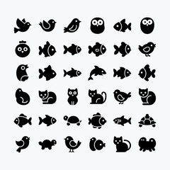 Charming collection of animal icons birds cats fish owls and turtles