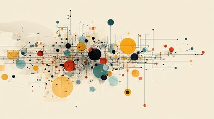 Abstract network of connected colorful circles and lines forming a complex digital structure on a light background
