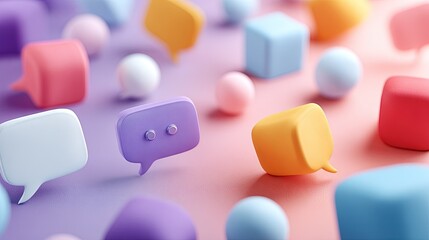 A collection of colorful 3D speech bubbles and spheres scattered across a soft pink and purple background