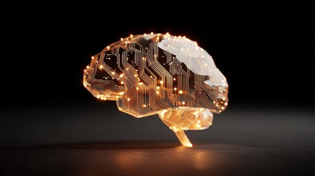 A transparent human brain model integrated with glowing orange circuit board pathways and illuminated nodes against a dark background