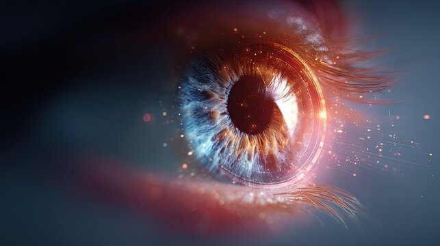 Macro view of a human eye with futuristic digital overlay and glowing particles representing vision data and advanced technology - Powered by Adobe