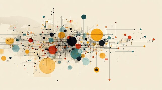 Abstract network of connected colorful circles and lines forming a complex digital structure on a light background
