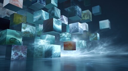 Numerous translucent cubes featuring diverse abstract ocean wave patterns and textures floating in a dark blue ethereal environment with a glossy reflective surface