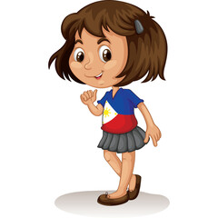 Smiling Young Girl Wearing A Philippines Flag T-Shirt And Grey Skirt Posing Happily With Brown Shoes And Brown Hair With A Small Clip On A Transparent Background