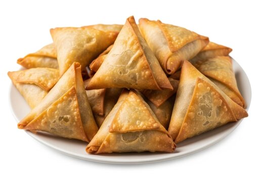 Golden fried crispy indian samosas on white plate, studio close-up